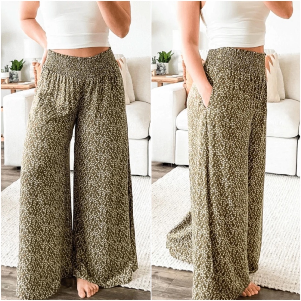 Plus Floral Print Stretchy Waist Wide leg Trouser Pants - Picture 2 of 6
